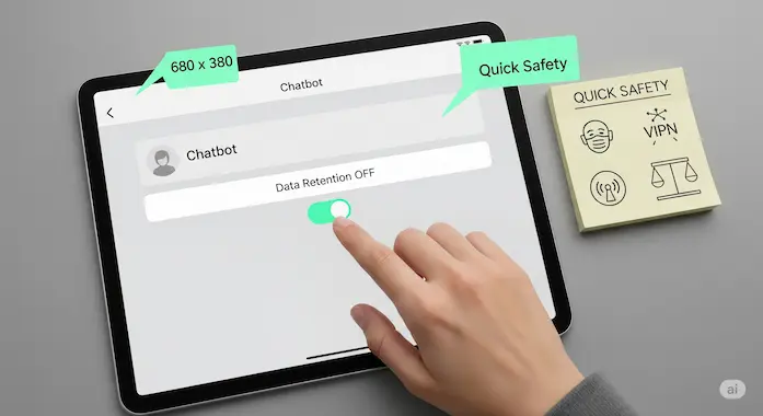 Tablet settings illustrate fast safety steps before using an AI therapist chat.