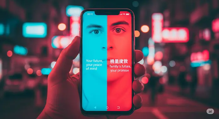 Split-screen smartphone ads expose algorithmic bias shaping English versus Chinese consumer messages.