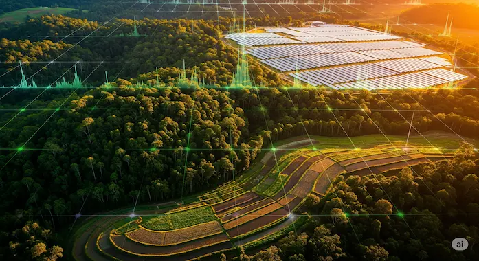 Aerial scene with dynamic color overlays shows how AlphaEarth pinpoints reforestation, solar sites & crop health.