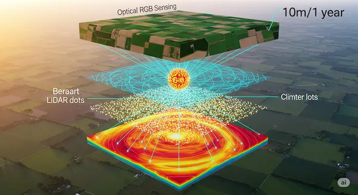 Cut-away cube shows multi-sensor satellite layers merging into one compact embedding above cropland.