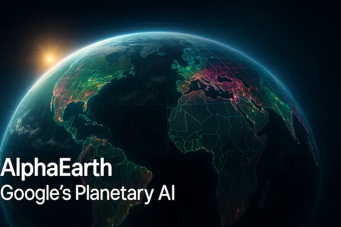 Photorealistic Earth with neon data grid and title “AlphaEarth: Google’s Planetary AI” overlaying the globe from orbit.
