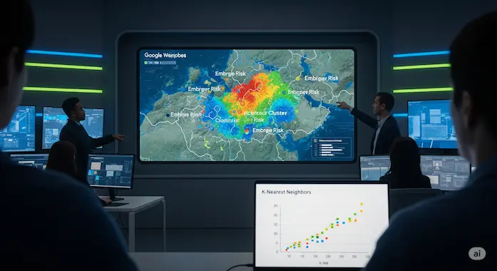 Policy analysts study a holographic AlphaEarth risk map linking land-use changes to climate policy decisions.