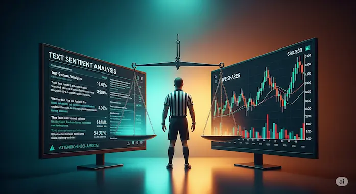 Symbolic referee balancing text AI and graph AI screens.