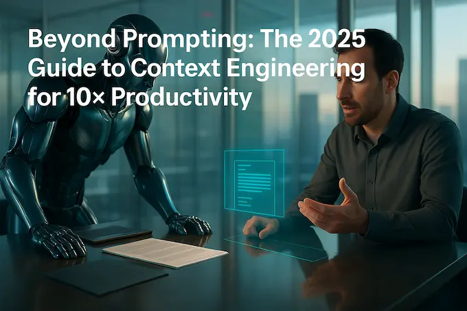 AI assistant and human synchronizing project data, symbolizing Context Engineering partnership for higher productivity.