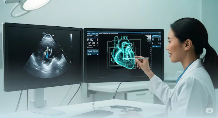 Doctor examines AI-enhanced echo detecting cardiac amyloidosis for AI News July 12 2025.