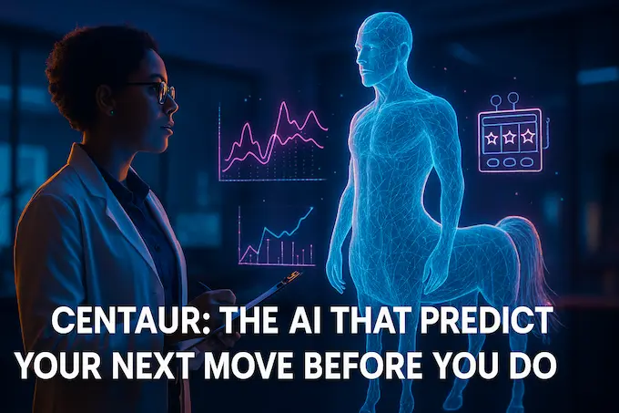 Researcher consulting holographic centaur while Predictive AI visualizes upcoming human choices.