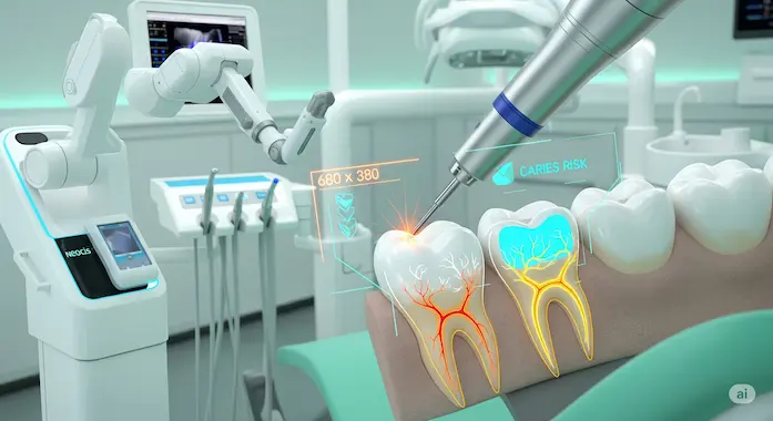 In-clinic scan shows AI in dentistry hologram mapping nerves and decay during chairside exam.