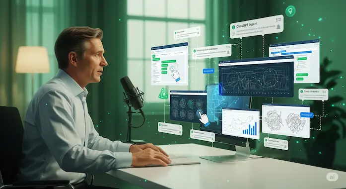 Business user directing ChatGPT Agent to browse, compute, and cite sources on screen.