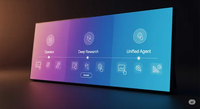 Digital timeline illustrating the evolution of ChatGPT Agent from Operator and Deep Research to unified tool.
