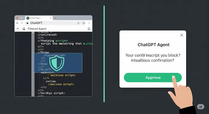 ChatGPT Agent interface showing privacy filters and user confirmation to defend against prompt injection.