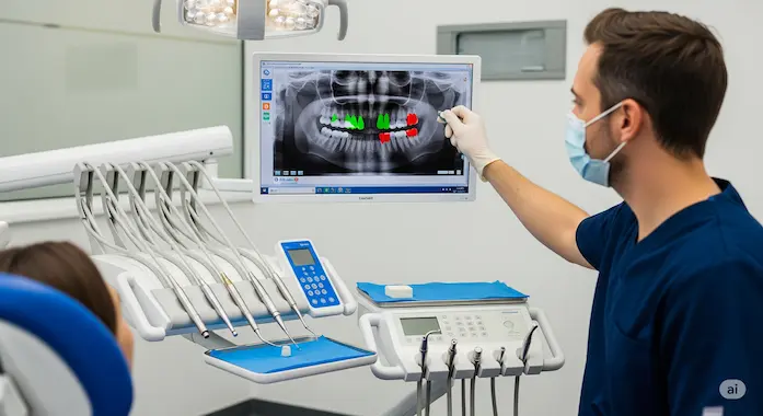 Dentist reviews x-ray as AI in dentistry color-codes cavities and healthy enamel onscreen.
