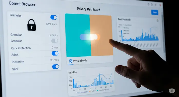 User toggles privacy shield inside Comet Browser, weighing convenience against security