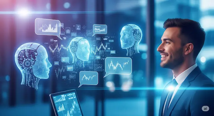 Vivid high-resolution scene of conversational AI stock prediction agents debating charts with a human trader.