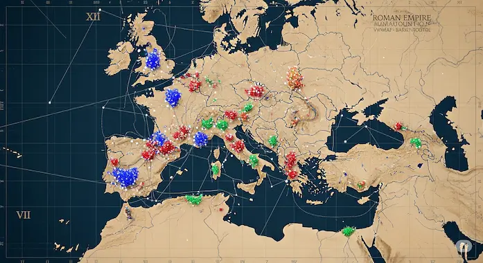 UMAP-style map visualizes DeepMind Aeneas context clusters across Roman provinces, showcasing its embedding power.