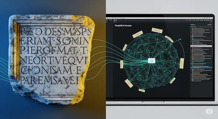 Split view of chipped marble and DeepMind Aeneas interface shows how the AI reasons over missing Latin text.