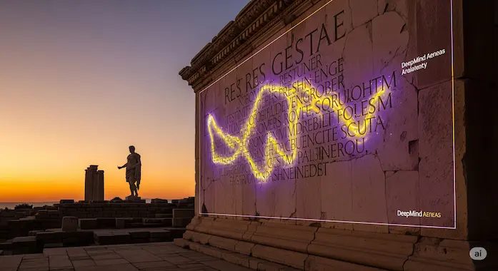 DeepMind Aeneas heat-map frames Res Gestae inscription at dusk, illustrating the AI’s dating insight.