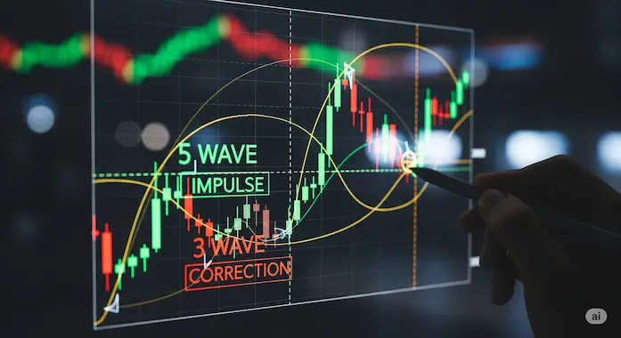 Vivid high-resolution close-up of Elliott-wave-annotated chart powering AI stock prediction analysis.