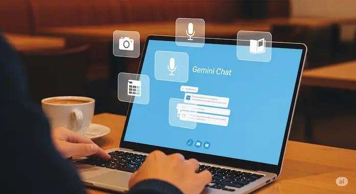 Coffee-shop user explores Gemini AI chat with hovering multimodal icons.