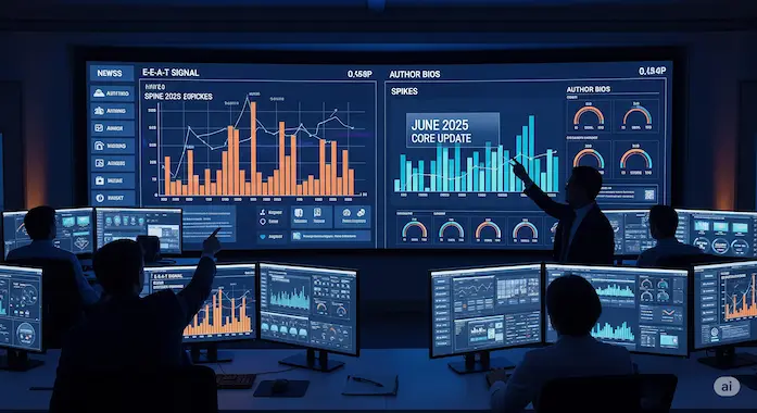 Analytics war-room illustrating Generative Engine Optimization signals after Google’s 2025 update.