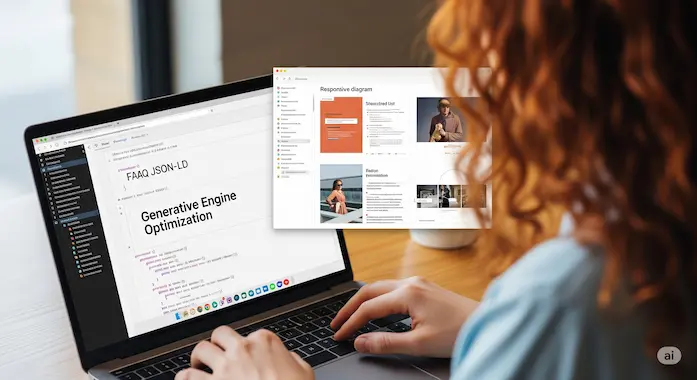 Coder embedding structured data and alt text for Generative Engine Optimization on a webpage.