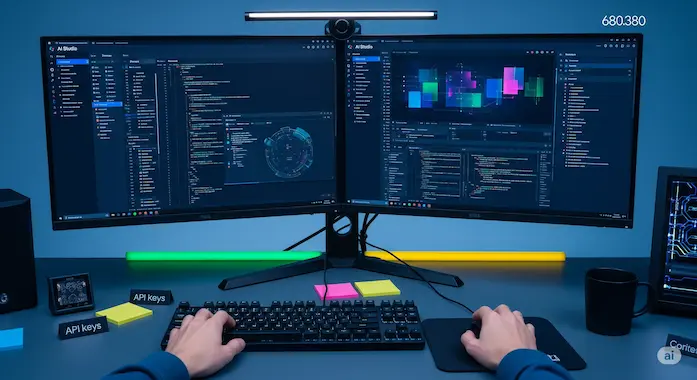 Developer uses Gemini AI Studio panels to generate code and media in a sleek workspace.