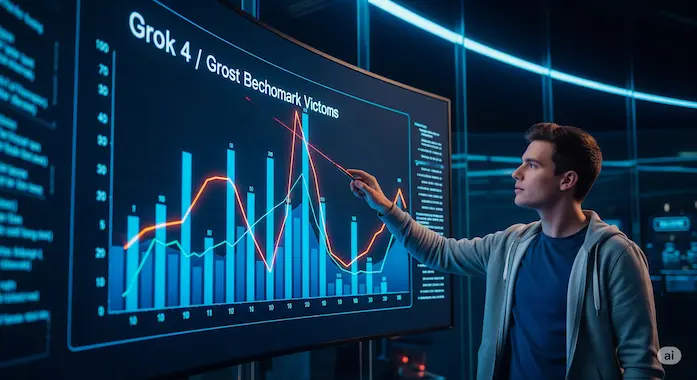 Engineer reviews Grok 4 benchmark charts for AI News July 12 2025 in a sleek control room.