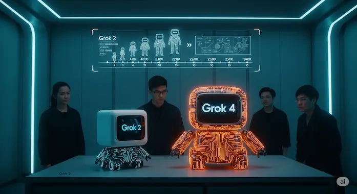Side-by-side robot cubes illustrate Grok 4’s jump from token predictor to reasoning engine.