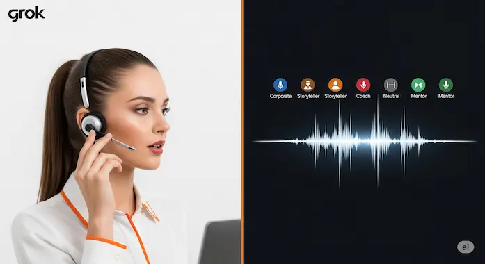 Vivid split-screen visual highlights Grok 4 cutting voice latency while adding five expressive voices.