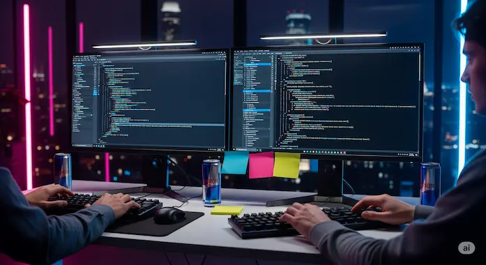 Developers pair-programming at night capture the coding speed duel between Grok 4 vs GPT-4.