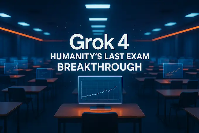 Grok 4 Humanity's Last Exam: Digital exam hall with holo-scoreboard reading “Grok 4 Humanity’s Last Exam Breakthrough” at 50.7 %.