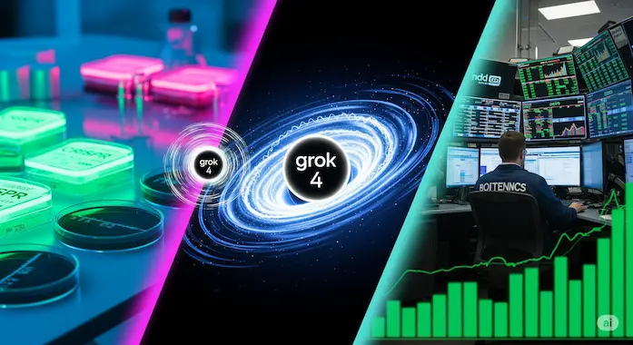 Grok 4 hologram links drug discovery lab, astrophysics sim, and bustling trading floor screens.