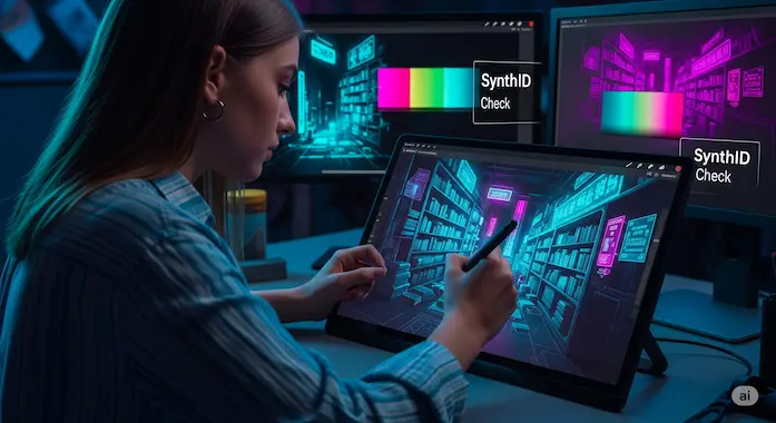 Digital artist watches Gemini AI Imagen paint a vivid cyberpunk library concept.
