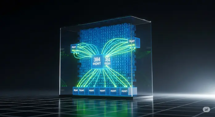 Cutaway visual of Kimi K2’s Mixture-of-Experts network with illuminated expert nodes.
