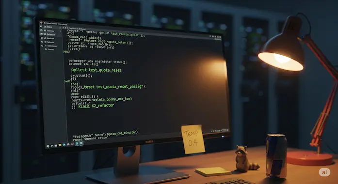 Terminal window displaying successful Python test after Kimi K2 suggestion, with raccoon figurine on desk.