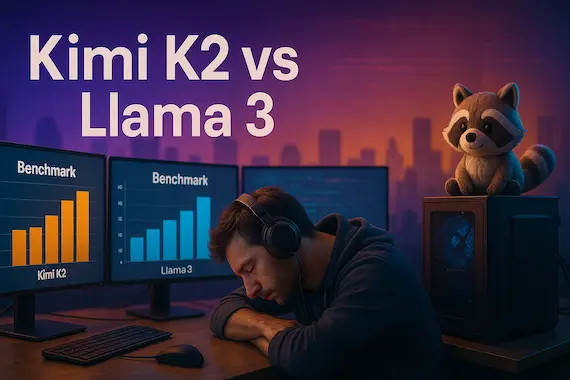 Engineer at neon-lit workstation with Kimi K2 and Llama 3 benchmarks, raccoon plushie, and bold title overlay.