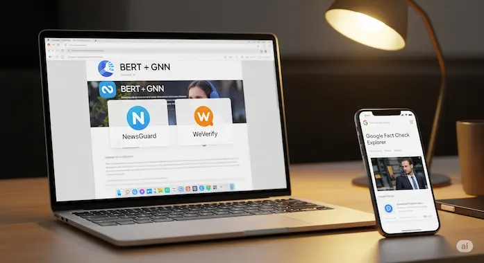 Workspace showing browser fake‑news detection demo and mobile fact‑check app.