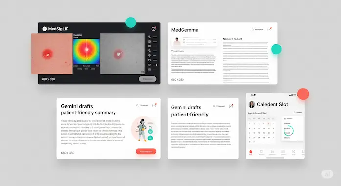 End-to-end workflow shows MedGemma triaging images and scheduling care through smart agents.