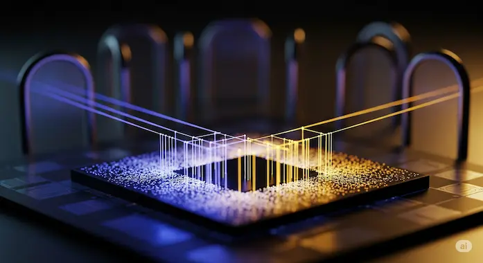 Rainbow-lit photonic chip Meteor-1 showcased in AI News July 12 2025 technology coverage.