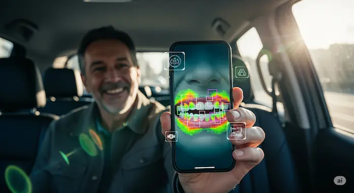 Rideshare selfie captures teeth as AI in dentistry highlights plaque with glowing overlays.