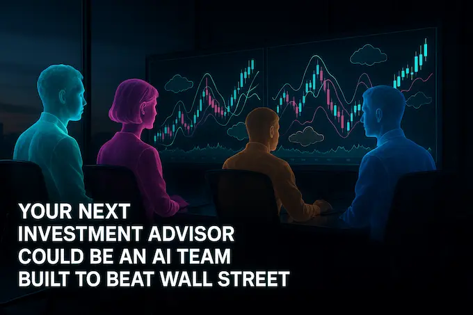 Vivid high-resolution photo-real image of multi-agent AI stock prediction team at a holographic trading desk.