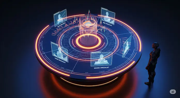 Vivid high-resolution image comparing a lone bot to a coordinated AI stock prediction team around a glowing table.