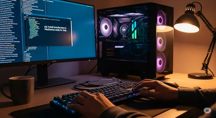 Engineer installs MedGemma on a GPU workstation, bridging code and clinic.