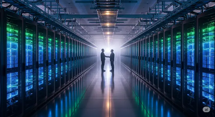 Vast blue-lit data hall underscores the power deal driving AI news July 5 2025.