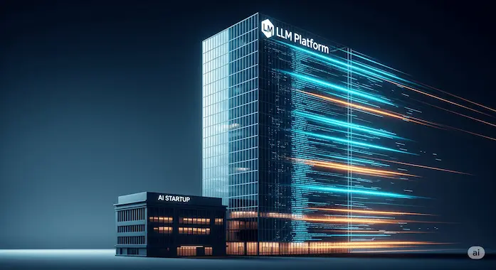 A towering LLM platform skyscraper eclipses a small AI startup building, visualizing platform risk from foundational models.