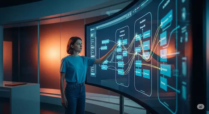 Designer refines app journey with Predictive AI dashboard predicting user drop-offs.
