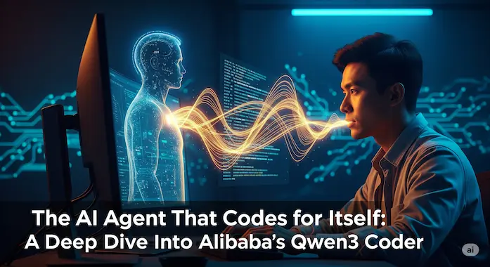 Feature image shows Qwen3-Coder as glowing AI silhouette coding beside a developer under blue-and-yellow studio lights.