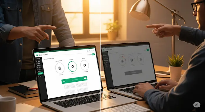 Side-by-side laptops reveal Qwen3-Coder’s enhanced Pomodoro timer trumping a rival’s basic version.