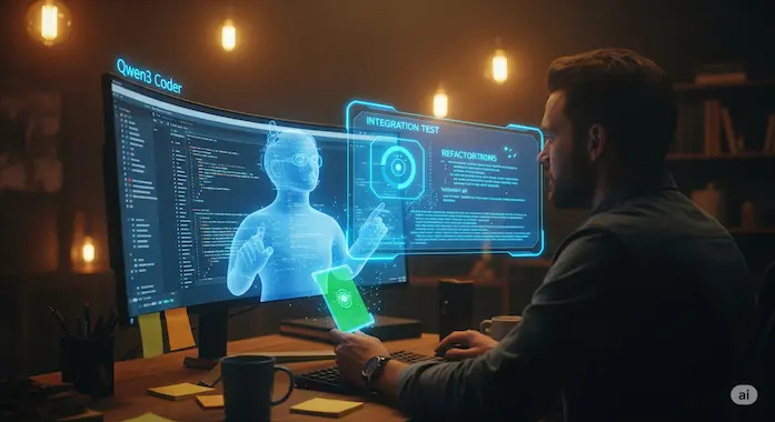 Developer pairs with Qwen3-Coder avatar that floats holographic test results while refactoring legacy code.