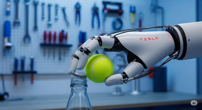 Macro view of Tesla robot hand gripping tennis ball and bottle cap, revealing precise joints in a lab.
