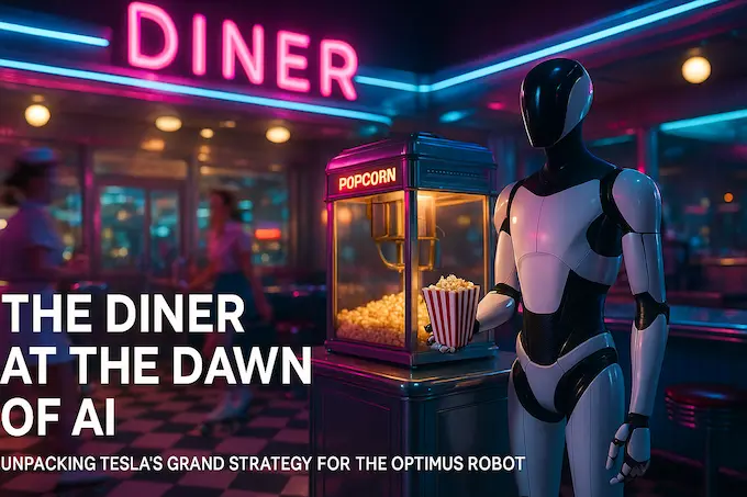 Tesla robot serves popcorn under pink-cyan neon in a retro diner, marking its public learning debut.